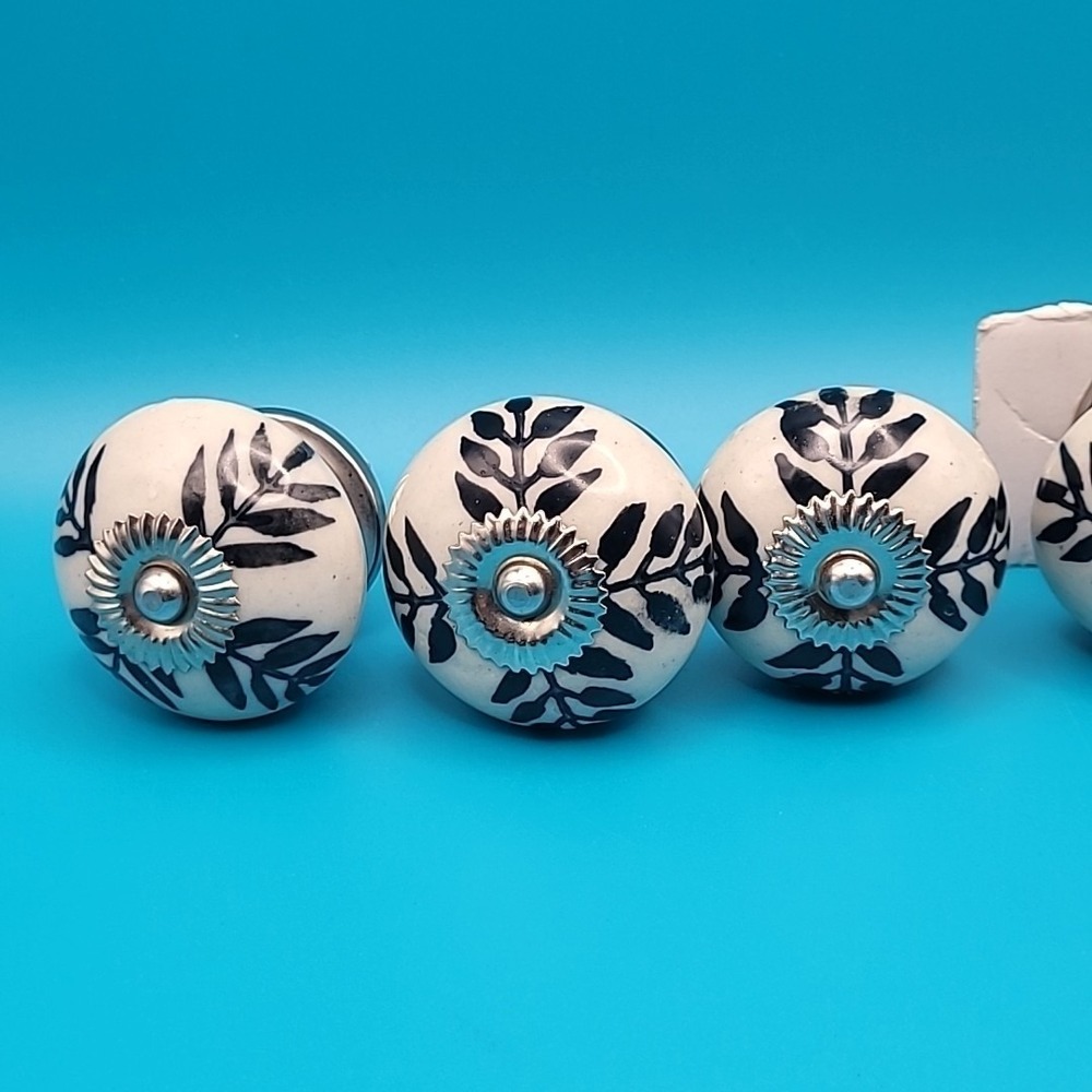 Set of 5 White Black Ceramic Leaf Drawer Knobs Cabinet Pulls Boho Farmhouse - Picture 6 of 11